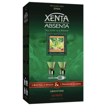 Абсент Xenta 0,7 л в подарочной упаковке + 2 стакана + ложка